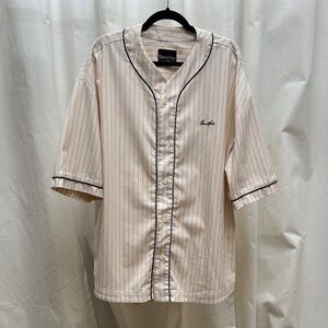 Bershka Men's Cream Oversized Baseball Striped Shirt